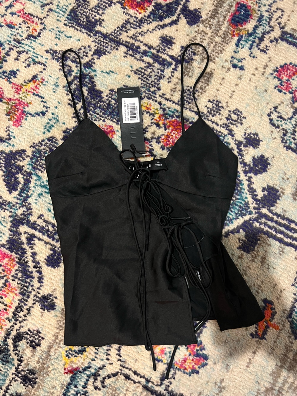 Lioness Black Lace-Up Spaghetti Strap Top